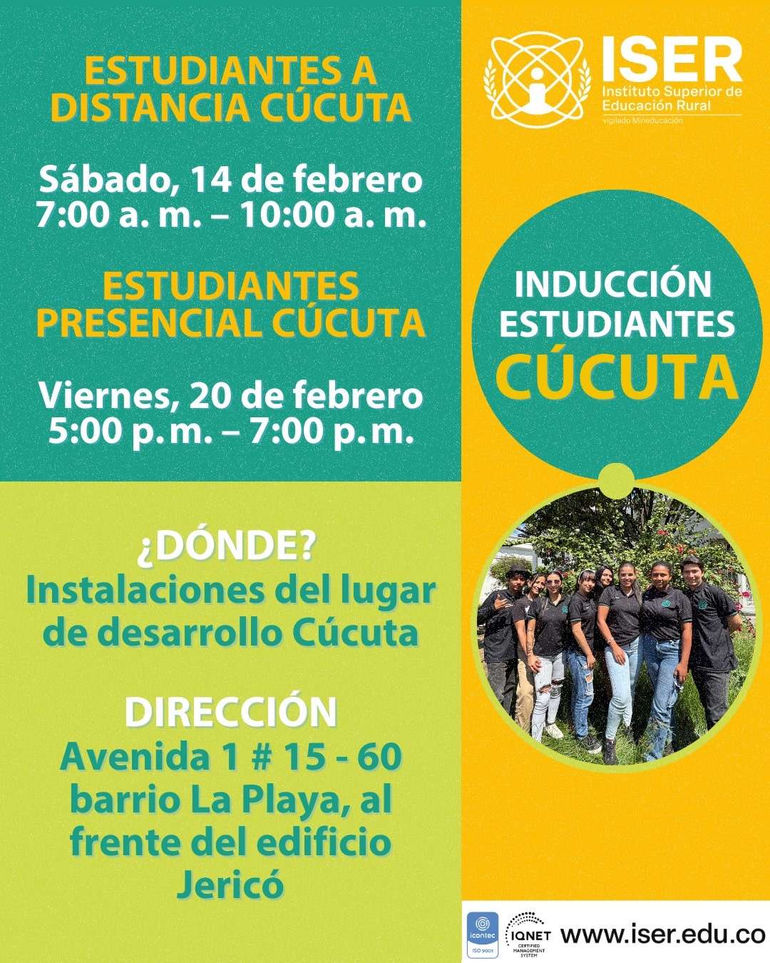 El Instituto Superior De Educación Rural – Iser Informa Las Fechas Programadas Para Las Jornadas De Inducción Dirigidas A Los Estudiantes De Primer Semestre En Cúcuta.
